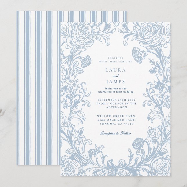 Convite Elegant Blue Floral Crest Striped Back Wedding (Frente/Verso)
