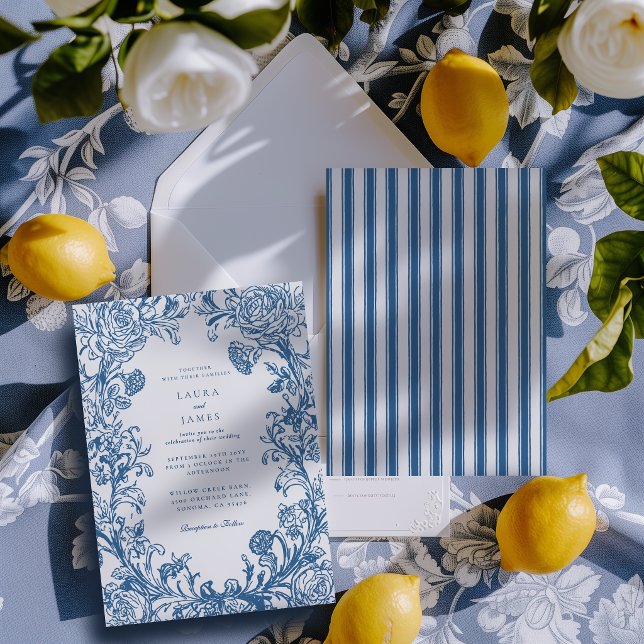 Convite Elegant Blue Floral Crest Striped Back Wedding (Criador carregado)