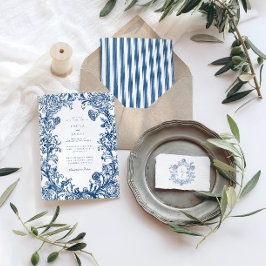 Convite Elegant Blue Floral Crest Striped Back Wedding