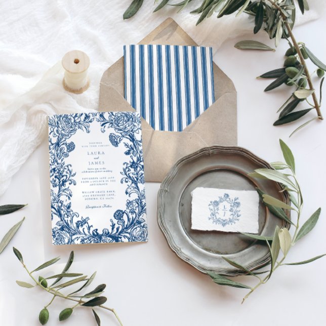 Convite Elegant Blue Floral Crest Striped Back Wedding (Criador carregado)