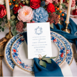 Convite Elegant Blue Floral Crest Striped Back Wedding