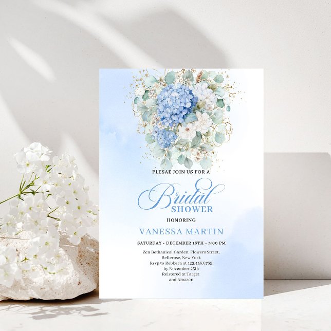 Convite Elegant Blue Floral Eucalyptus Bridal Shower Invit (Elegant Blue Floral Eucalyptus Bridal Shower Invitation)