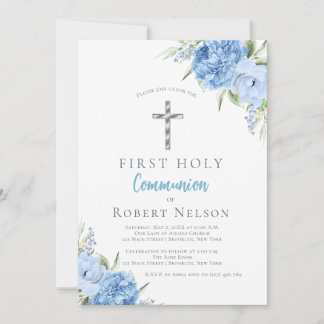 Convite Elegant Blue Floral First Holy Communion