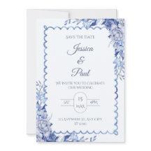 Elegant  Blue Floral Frame Wedding Invitation