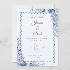 Convite Elegant  Blue Floral Frame Wedding Invitation