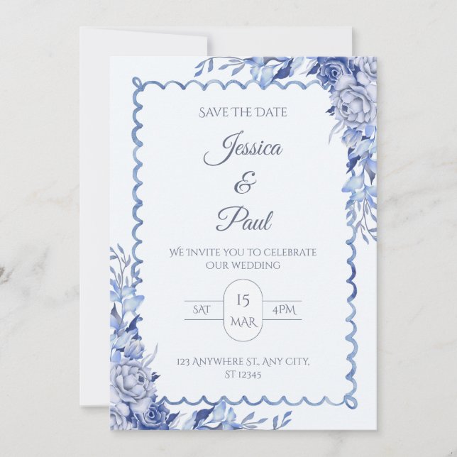 Convite Elegant  Blue Floral Frame Wedding Invitation (Frente)