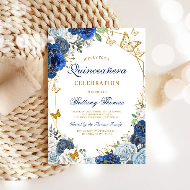 Convite Elegant Blue Floral Quinceañera Invitation (Criador carregado)