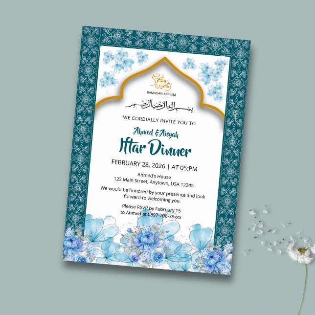 Convite Elegant Blue Floral Ramadan Iftar Invitation (Criador carregado)