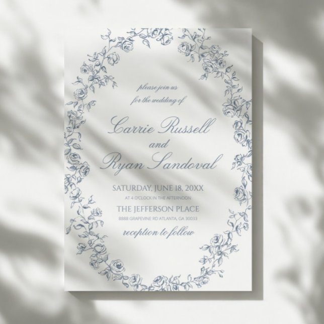 Convite Elegant Blue Floral Roses Fine Line Art Wedding (Criador carregado)