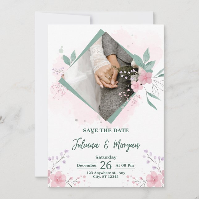Convite Elegant Blue Floral Save The Date Wedding Invite (Frente)