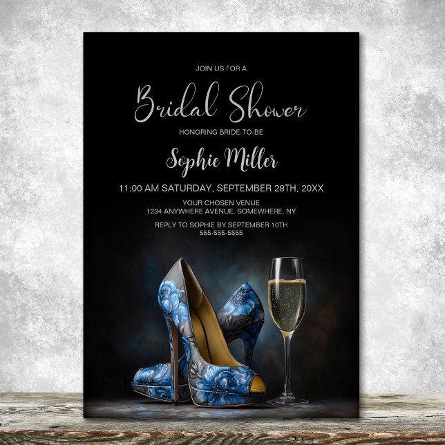 Convite Elegant Blue Floral Stiletto Shoes Bridal Shower (Criador carregado)