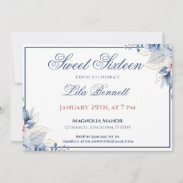 Convite Elegant Blue Floral Sweet 16 Invitation