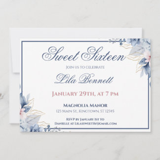 Convite Elegant Blue Floral Sweet 16 Invitation