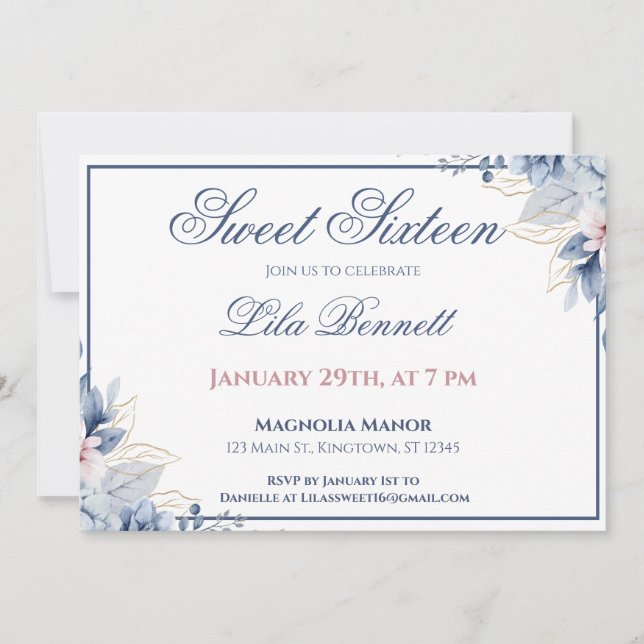 Convite Elegant Blue Floral Sweet 16 Invitation (Frente)