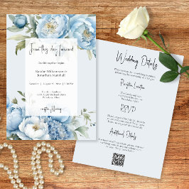 Convite Elegant Blue Floral Two Sided Wedding Invitation