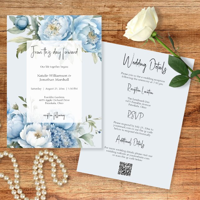 Convite Elegant Blue Floral Two Sided Wedding Invitation (Criador carregado)