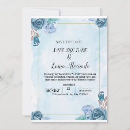 Convite Elegant Blue Floral Watercolor Wedding Save the Da