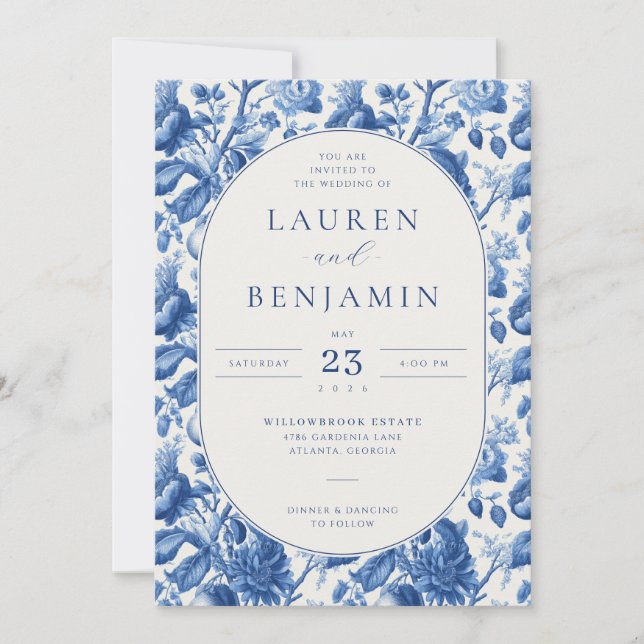 Convite Elegant Blue Floral Wedding Invitation (Frente)