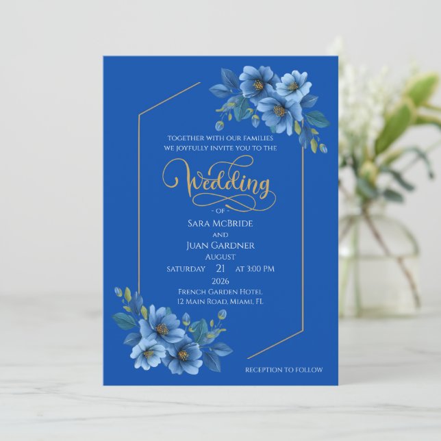 Convite Elegant Blue Floral Wedding Invitation (Em pé/Frente)