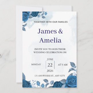 Convite Elegant Blue Floral Wedding Invitation