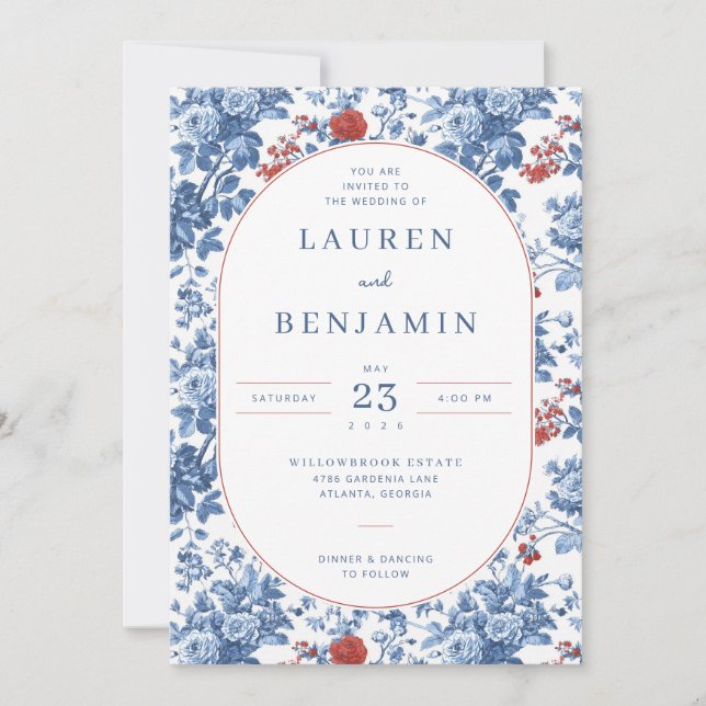 Convite Elegant Blue Floral Wedding Invitation (Frente)