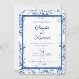 Convite Elegant Blue Floral Wedding Invitation 