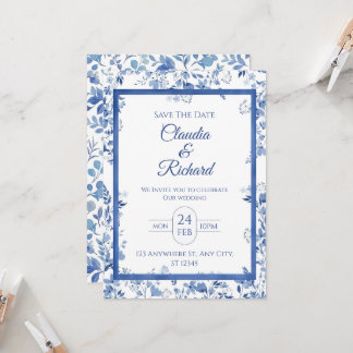 Convite Elegant Blue Floral Wedding Invitation 