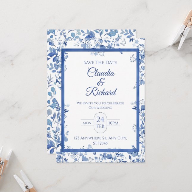 Convite Elegant Blue Floral Wedding Invitation  (Frente/Verso In Situ)