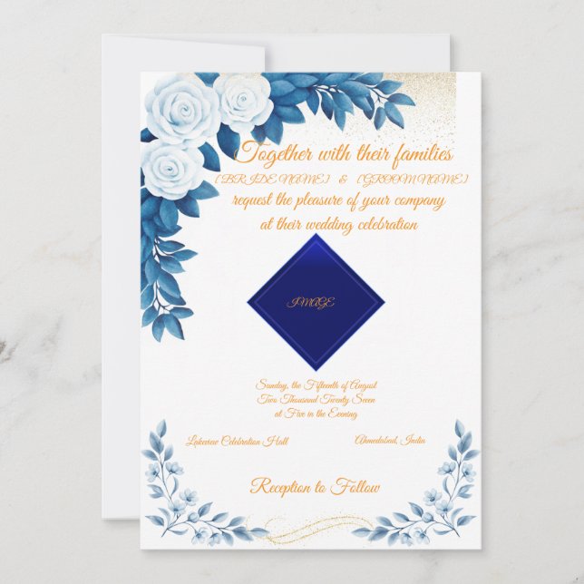 Convite Elegant Blue Floral Wedding Invitation on White (Frente)