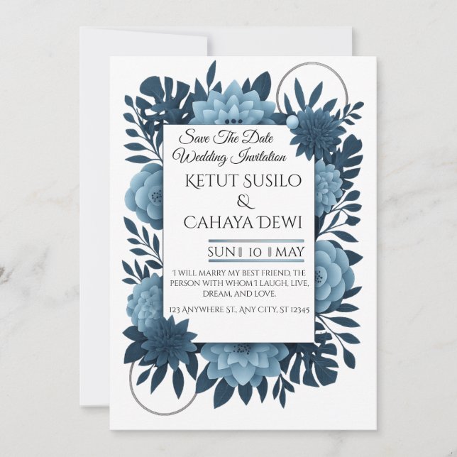 Convite  Elegant Blue Floral Wedding Invitation Template   (Frente)