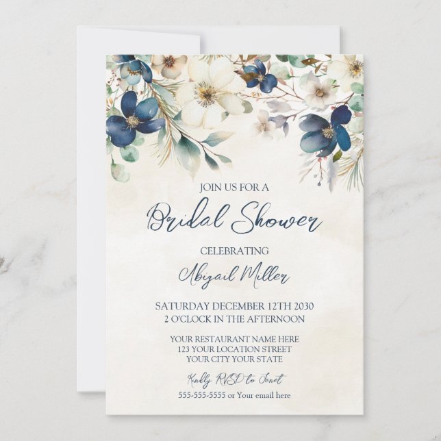 Convite Elegant Blue Floral Winter Bridal Shower (Frente)