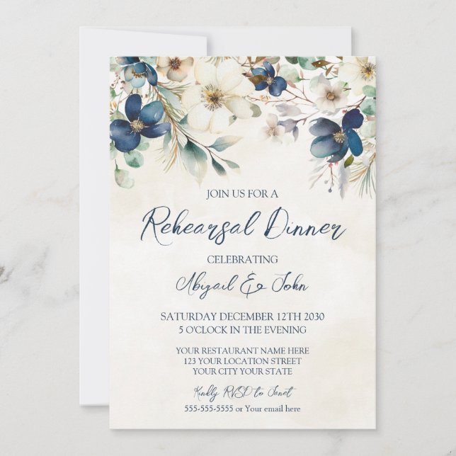 Convite Elegant Blue Floral Winter Rehearsal Dinner (Frente)