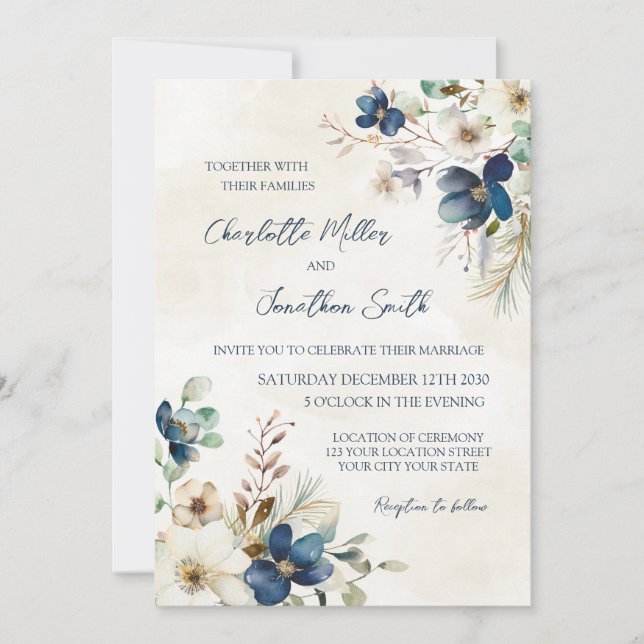 Convite Elegant Blue Floral Winter Wedding Invitations (Frente)