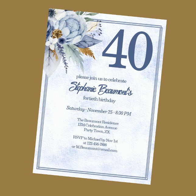 Convite Elegant Blue Florals Women's 40th Birthday Party (Criador carregado)