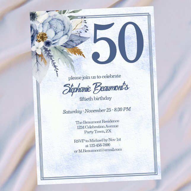 Convite Elegant Blue Florals Women's 50th Birthday Party (Criador carregado)
