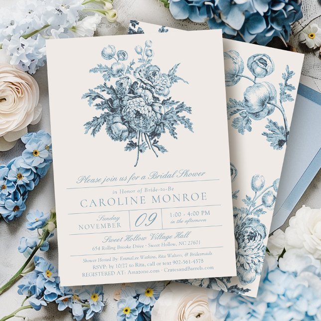 Convite Elegant Blue Flowers Botanical Bridal Shower (Blue & ivory modern vintage floral bouquet chinoiserie french toile elegant bridal shower invitation)