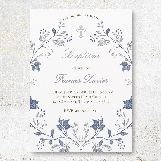 Convite elegant blue frame Baptism (Criador carregado)