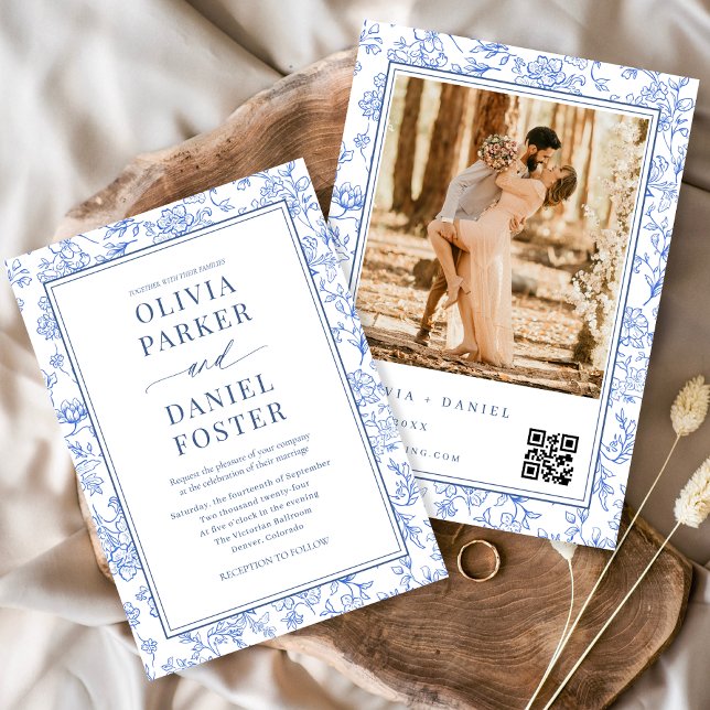 Convite Elegant Blue French Floral Photo QR Code  (Criador carregado)
