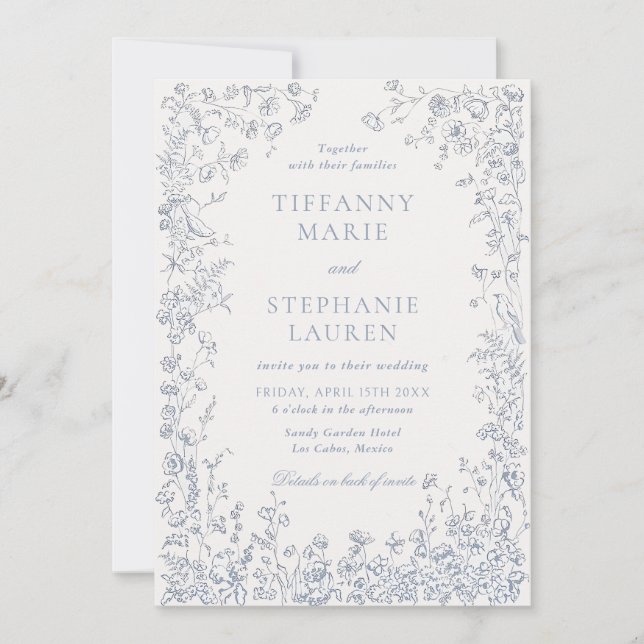 Convite Elegant Blue French Floral Wedding Invitation (Frente)