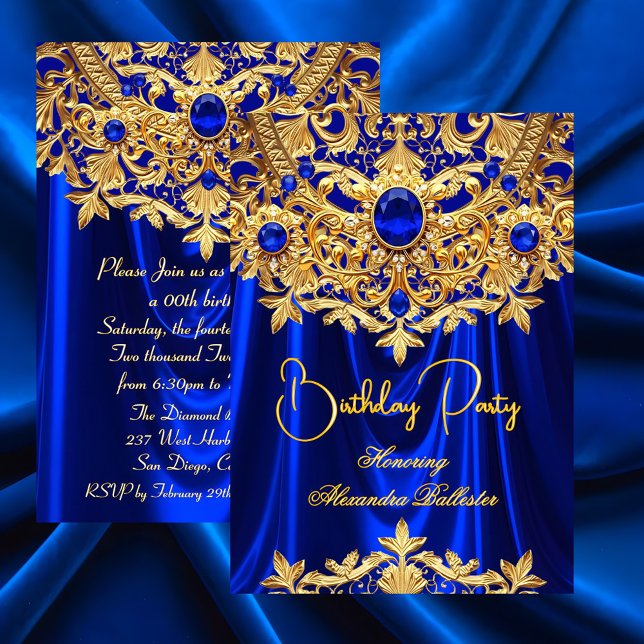 Convite Elegant Blue Gems Gold Lace Damask Birthday Party (Criador carregado)