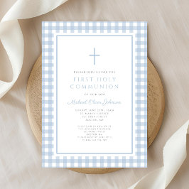 Convite Elegant Blue Gingham Boy First Communion