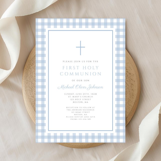 Convite Elegant Blue Gingham Boy First Communion (Elegant Blue Gingham Boy First Communion Invitation)