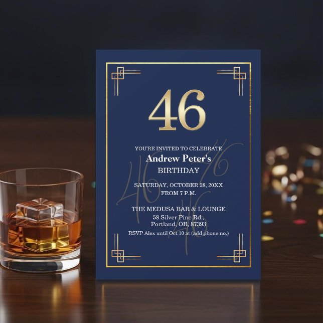 Convite Elegant Blue Gold 46th Birthday Party (Criador carregado)