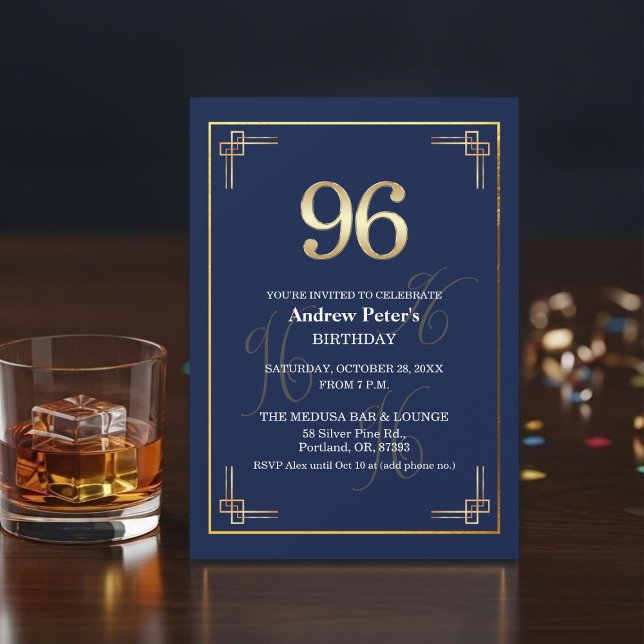 Convite Elegant Blue Gold 96th Birthday Party (Criador carregado)