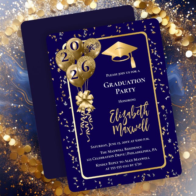Convite Elegant Blue Gold Balloons Graduation Party (Elegant Blue and Gold Tone Graduation Party Invitation Balloons and Confetti - Print | Digital)