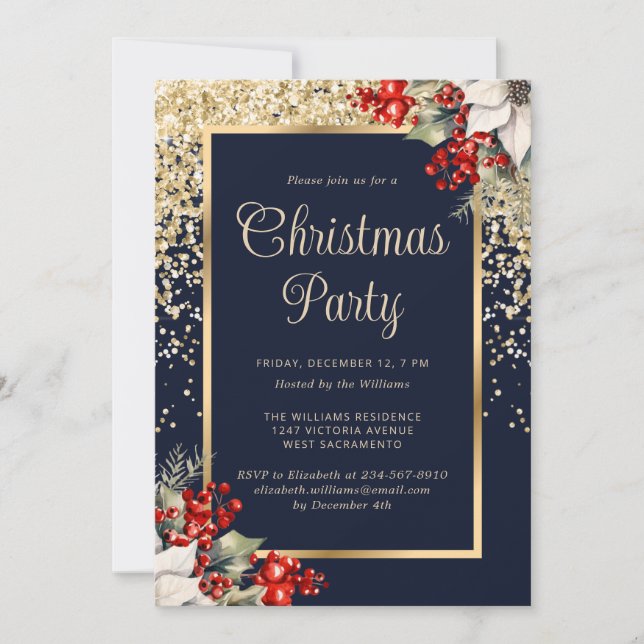 Convite Elegant Blue Gold Botanical Christmas Party (Frente)