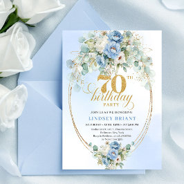 Convite Elegant Blue Gold Floral 70th Birthday Invitation