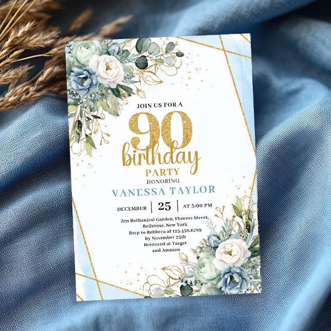 Convite Elegant Blue Gold Floral 90th Birthday Party Card (Elegant Blue Gold Floral 90th Birthday Party Card)