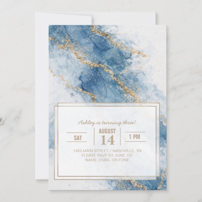 Convite Elegant Blue Gold Glitter Abstract Flow            (Frente)