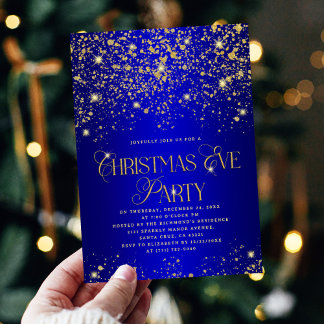 Convite Elegant Blue Gold Glitter Christmas Eve Party